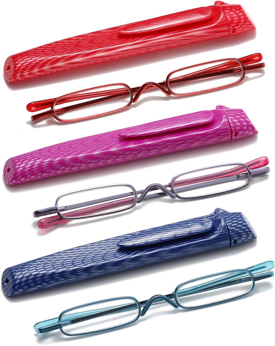 3 Pack Mini Slim Pen Leesbril - Compacte lezers met Pen Clip Case Spring Hinge Metal Frame Bril