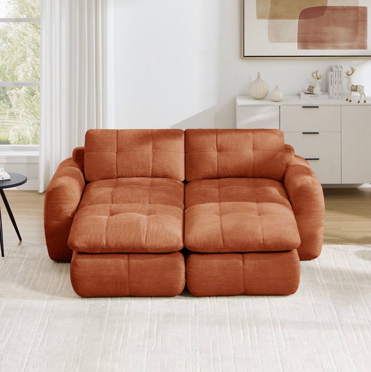FloraGrace Zitbank 2-Zits - Frameloos Modulair Wolk Sofa Met Karostepp Design En 2 Ottomanen - Voor Woonkamer En Appartement - Chenille - Oranje
