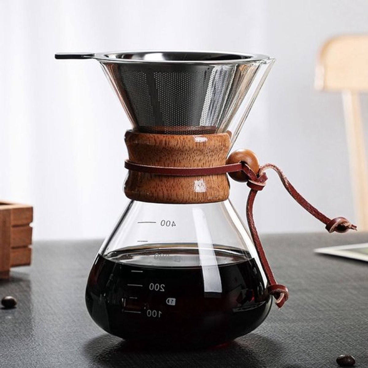Handmatige Koffiezetter met Dubbel Filter en Houten Deksel - Ideaal voor Thuis, Café en Feestjes - 400ml Capaciteit