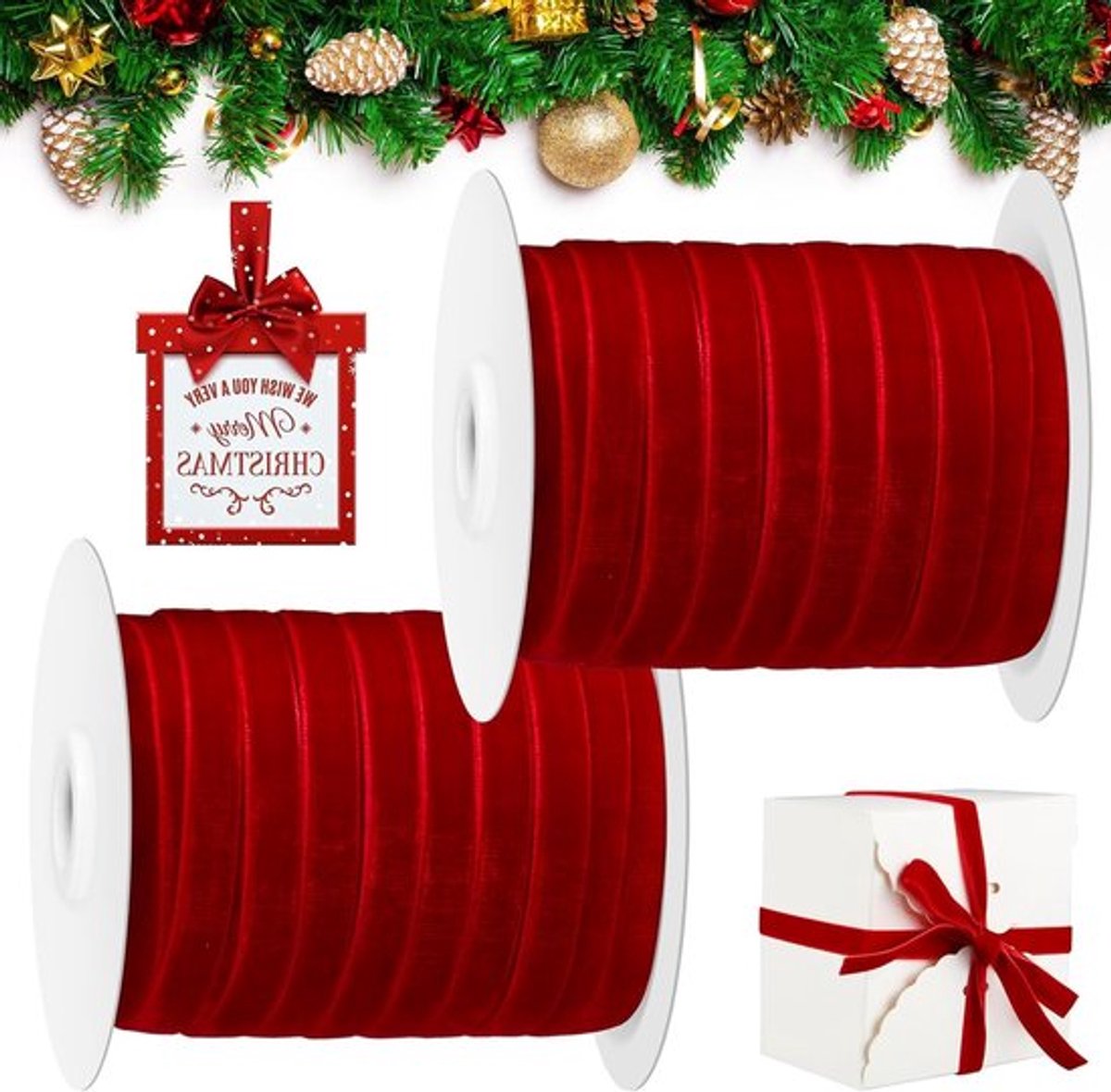 100m Fluwelen Kerstlint voor Cadeauverpakking, Haarstrikken en DIY Knutselen - Vintage Decoratie voor Feestjes en Bruiloften