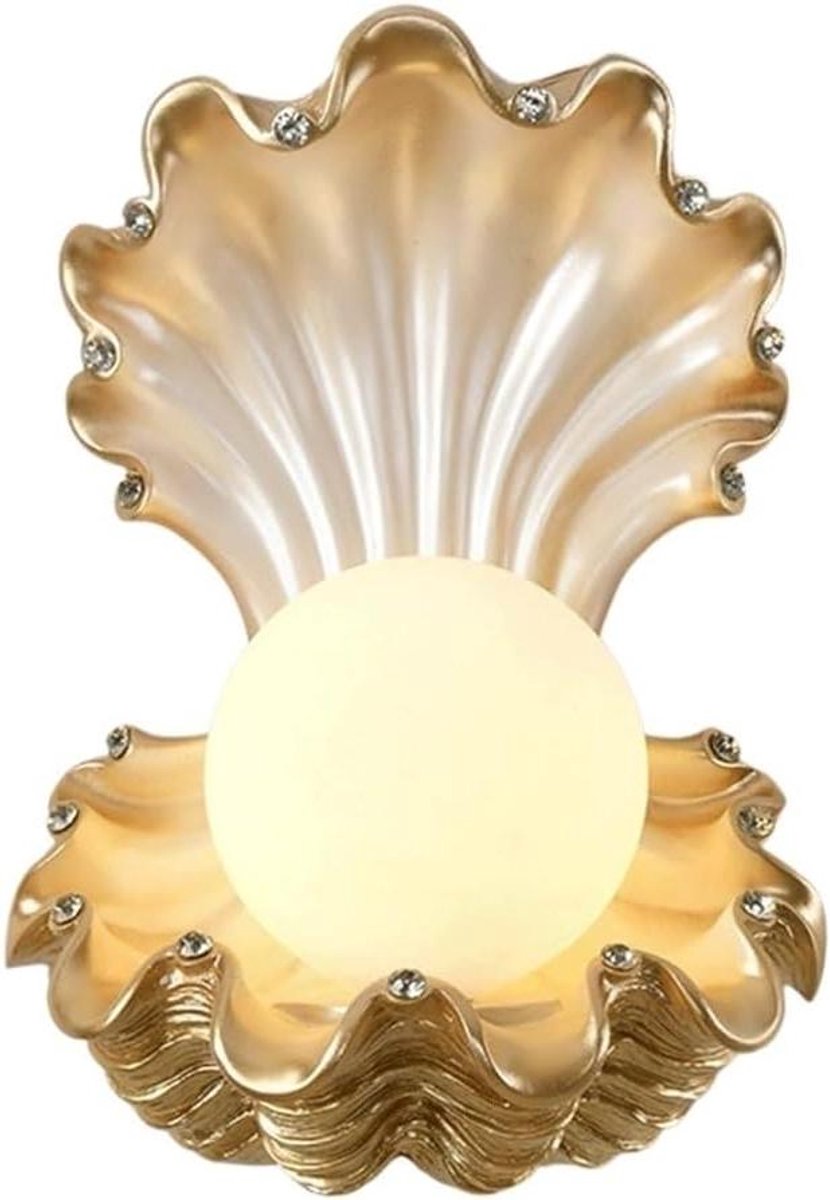 Wandlamp Schelp - Zeemeermin Verlichting Pareldecoratie - Sfeerverlichting Creëren - Parelmoer Hars Schelp - 32 cm Hoog - Roze Goud