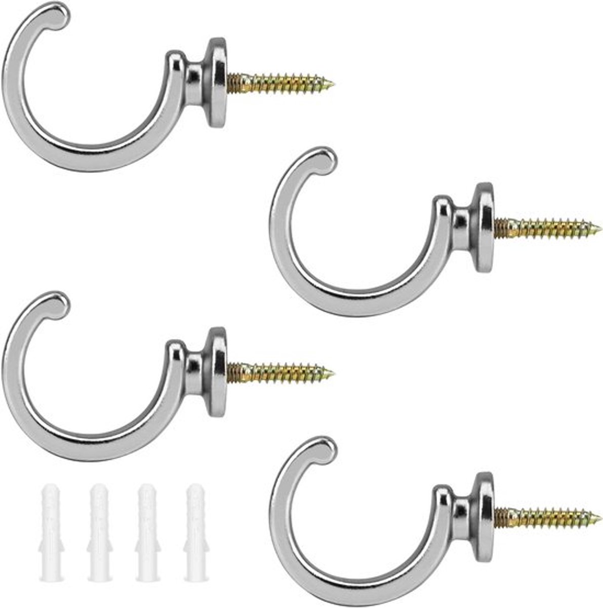 Set van 4 Decoratieve Gordijnhouders, Wandgordijnsteunen, G-vormige Haakjes voor Thuis, Slaapkamer en Kantoor (Zilver)