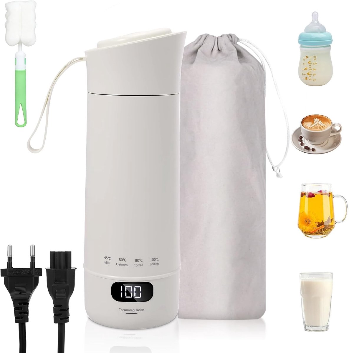 Elektrische Waterkoker - Roestvrij Staal - 400 ml - Mini Draagbare Koker met 4 Temperatuurniveaus - Voor Thee, Koffie, Camping en Kantoor