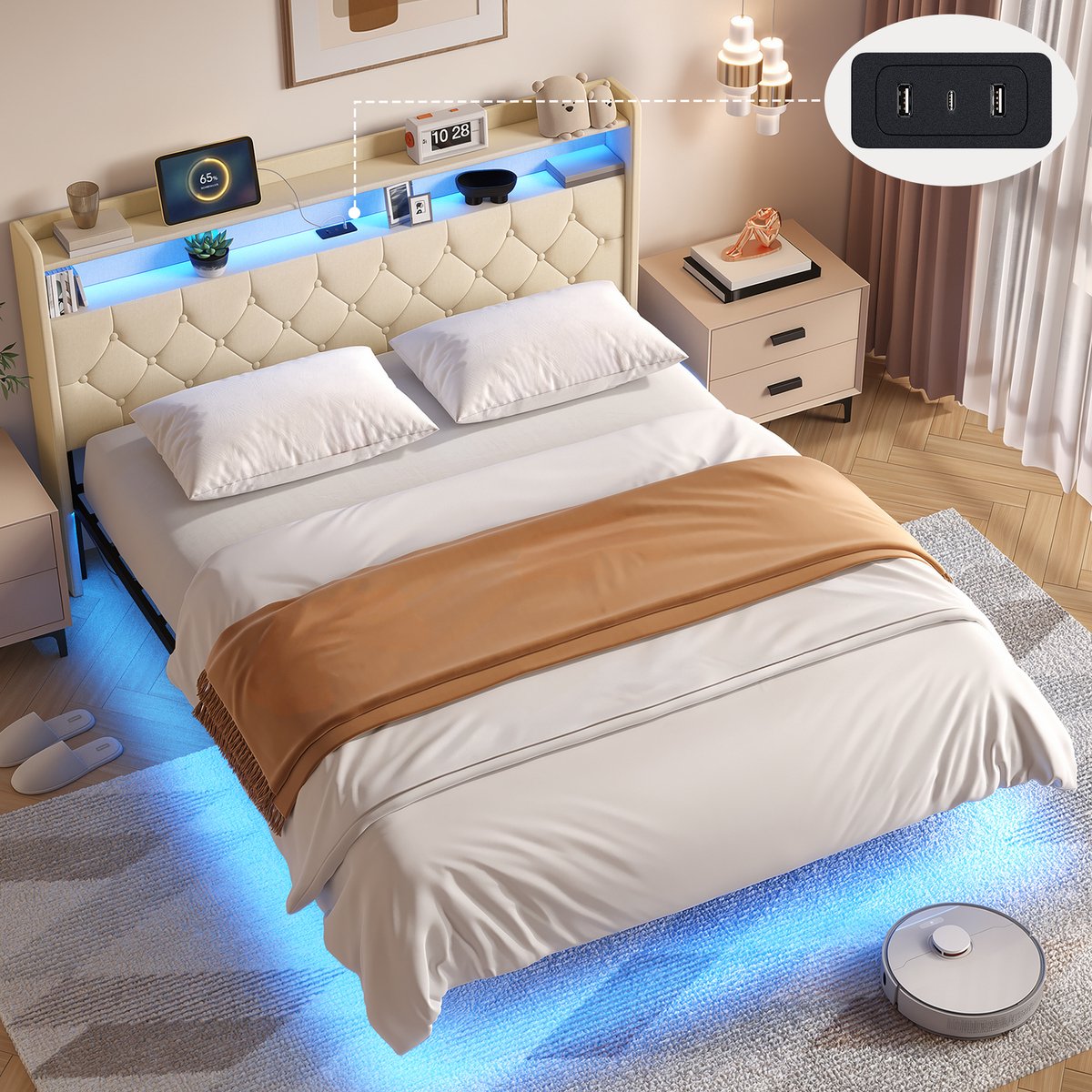 Xbro Bed 160 x 200 cm met Verstelbare LED-verlichting en USB-oplaadpoort, Tweepersoonsbed met Lattenbodem, Gestoffeerd Bed met Hoofdbord en Opbergruimte, Beige