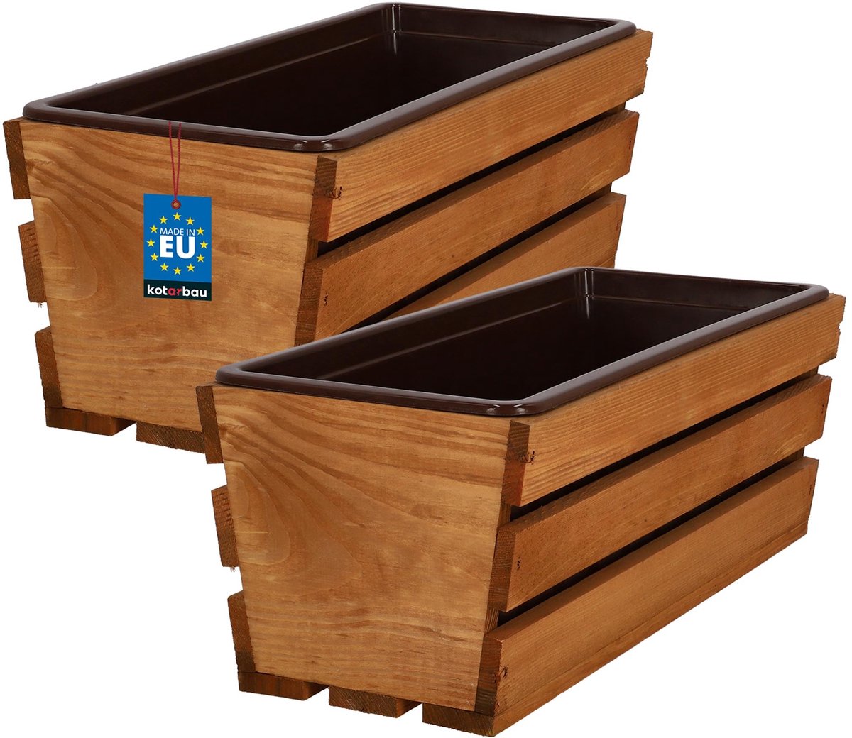 KOTARBAU® 2 Stuks - Houten Plantenbak - Bloembak Hout - met Kunststof Inzetstuk - Balkonbak - 40 x 18 x 15 cm - Eik - voor Terras - Balkon - Deko Planten