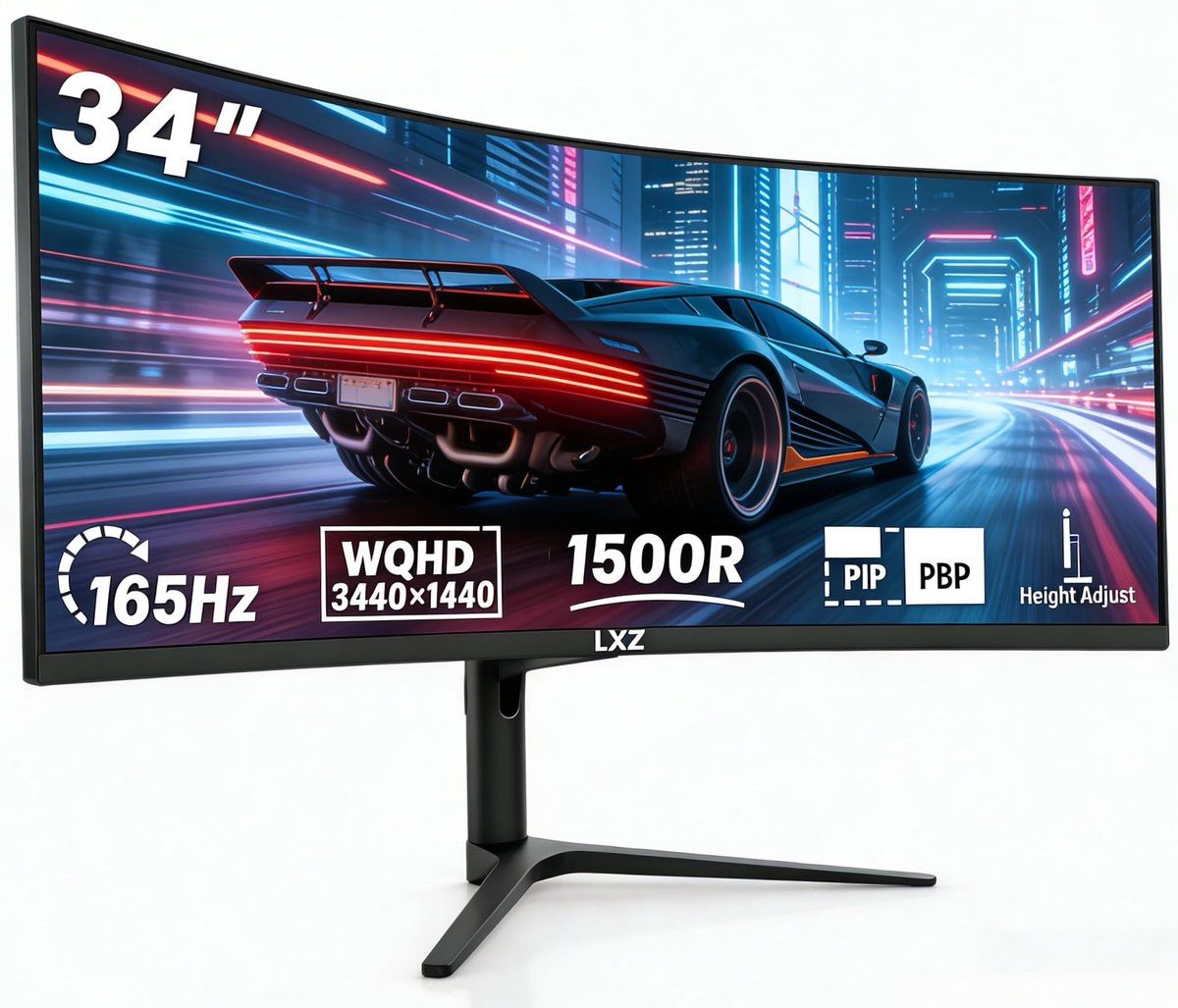 SnelShoppen - 34 inch gebogen gaming-monitor 165 Hz UWQHD 3440 × 1440 1500R HDR 1 ms MPRT ultrabreed 21:9 in hoogte verstelbaar met 2 x HDMI 2.0 en 2