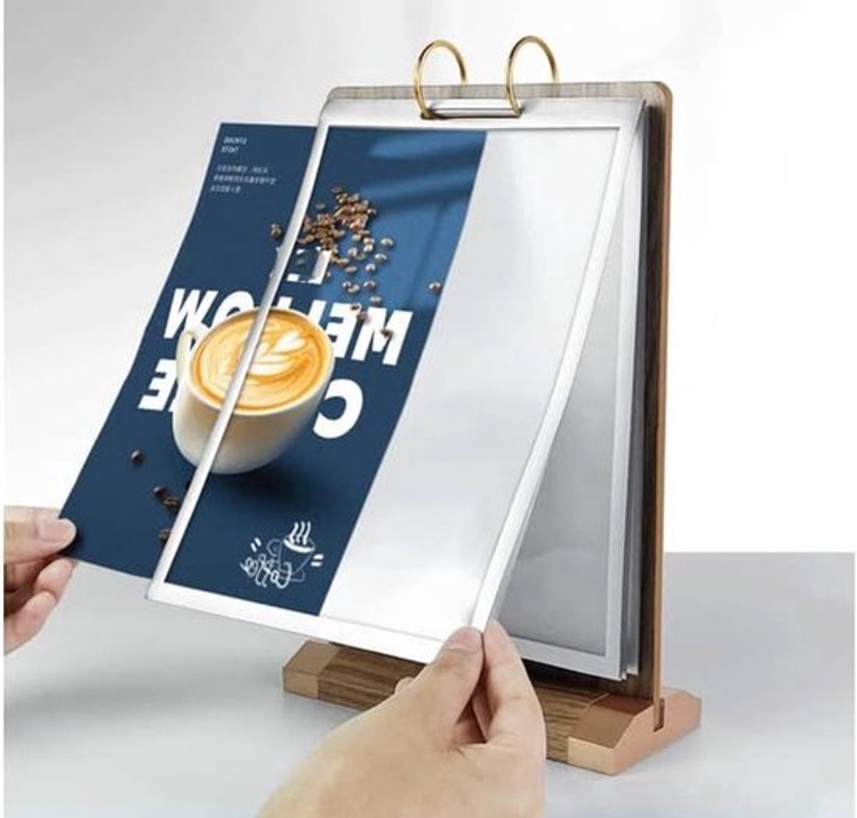 Houten A5 Signaalhouder voor Tafel met Verticale Kaart Flip Display, Dubbelzijdig Flyerframe met 6 Pagina's en Basis