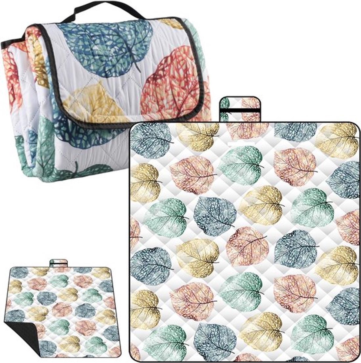 Opvouwbare picknickdeken met handvat, waterdicht en zandbestendig, ideaal voor strand, park en familiebijeenkomsten, 200 x 200 cm, gewatteerd en comfortabel