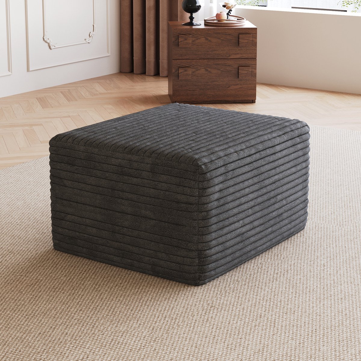 MIVRAY Hocker 65 x 60 x 38 cm - Zachte Corduroy Ottomaan Zonder Montage - Voor Woonkamer En Slaapkamer - Stof Donkergrijs