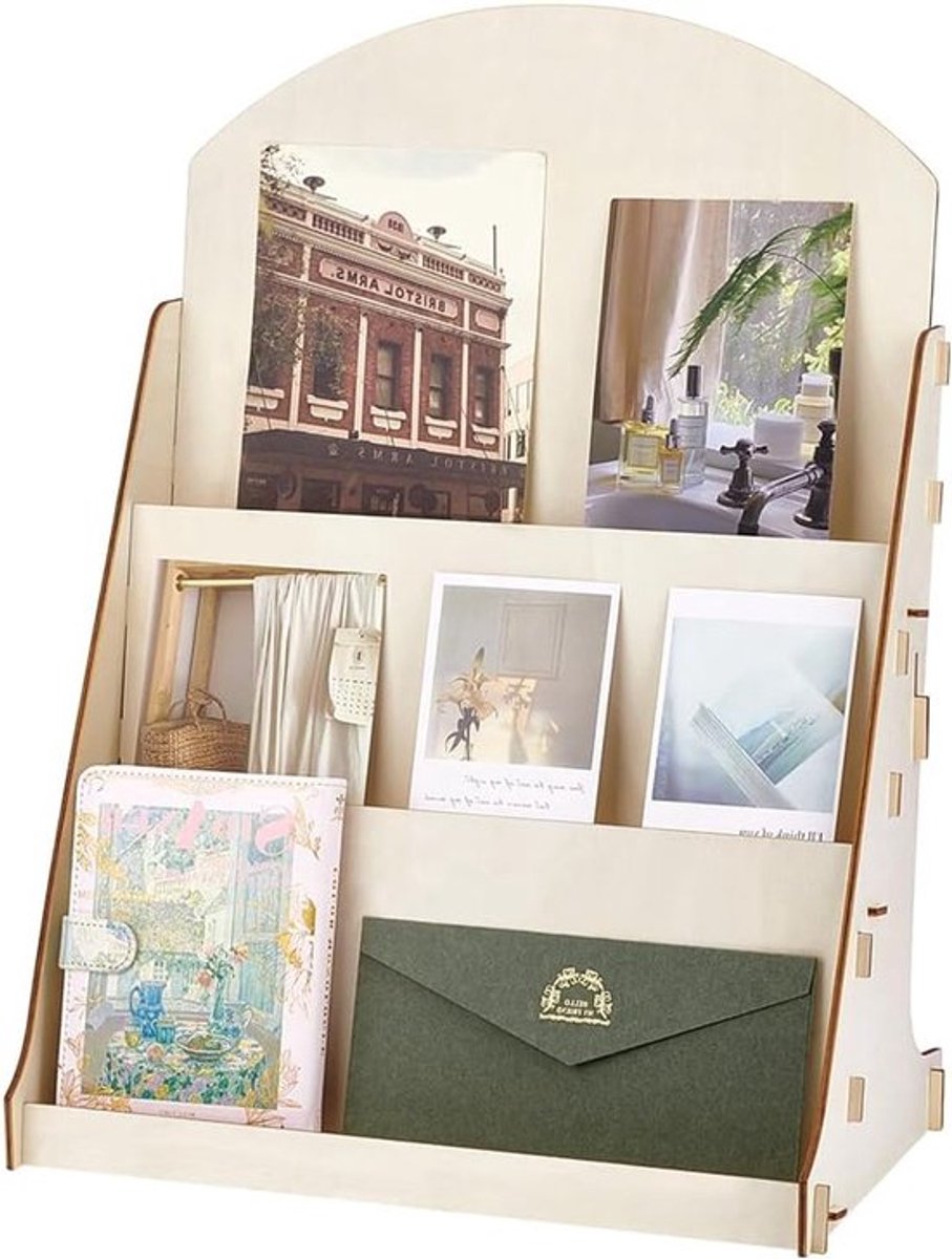 Drie niveaus foto- en kaartdisplaystandaard voor kaarten, foto's, ansichtkaarten en coasters, 15,7 inch houten organizer