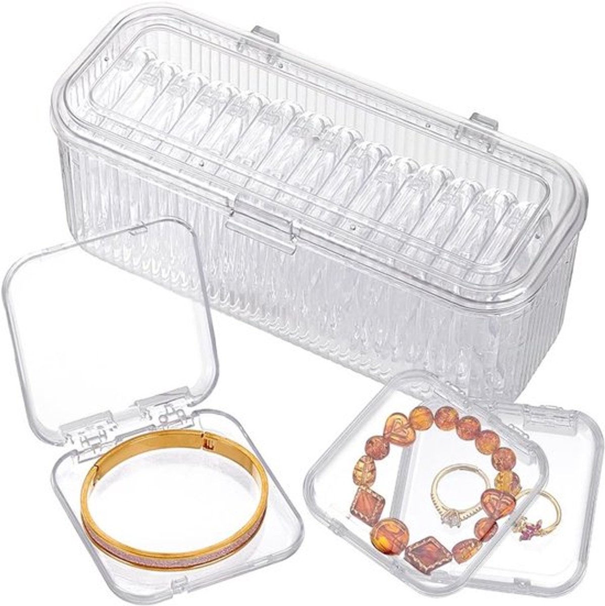 Duidelijke sieradenbox met 14 draagbare anti-tarnish organizers voor het opbergen van armbanden, oorbellen, ringen en kettingen, ideaal voor sieradenopslag en -organisatie