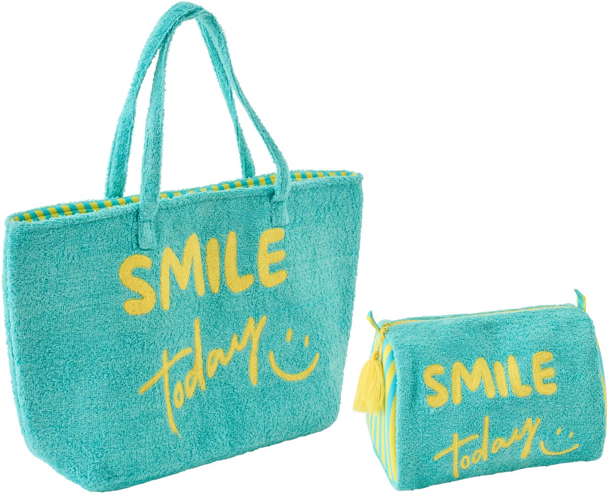 J-Line strandtas Smile - katoen - turkoois/geel - set van 2