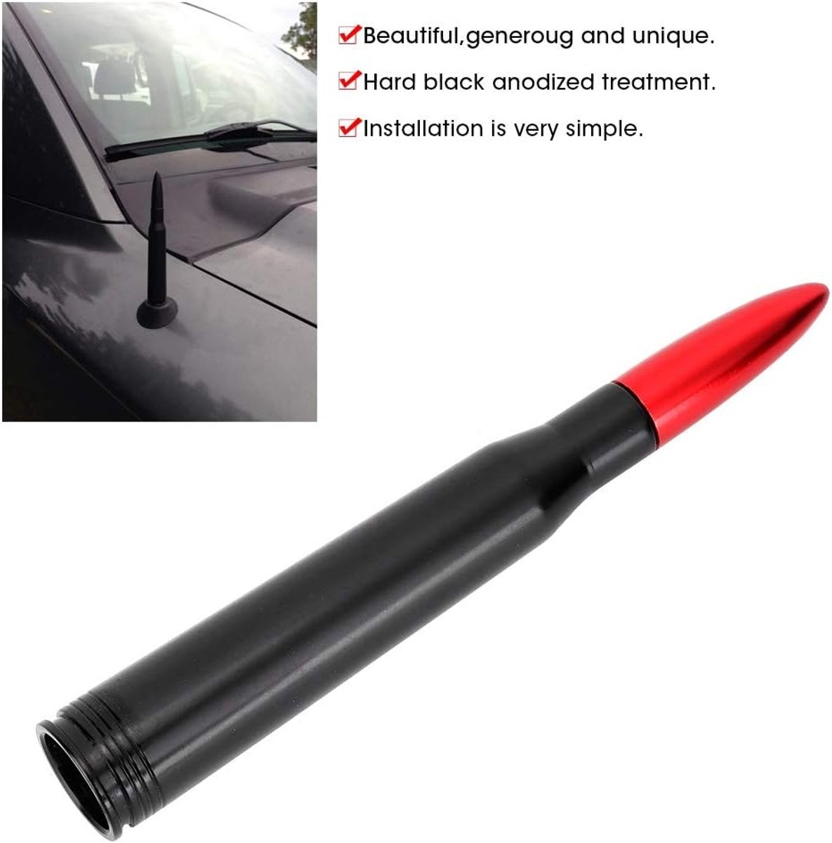 SnelShoppen - Aluminium Legering Voertuig Antenne 50.Kogel Patronen Vorm Antenne Kit Geschikt voor Ford F150 - Uniek Design, Zwart, Duurzaam en Weerbe