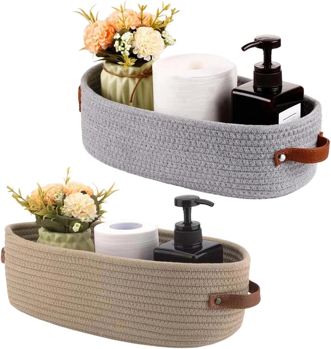 Opbergmand katoen 28x10x10cm - gevlochten met handvatten - zacht en duurzaam - ideaal voor badkamer en slaapkamer - ShopVlot