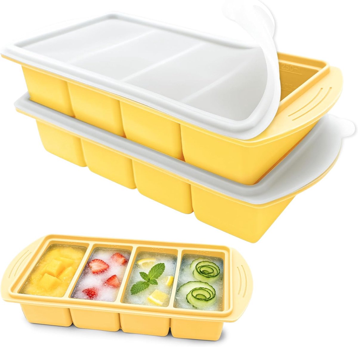 SnelShoppen - 2 x Siliconen Vriescompartimenten met Deksel, 4 Compartimenten van 250 ml Stapelbare Opbergcontainers BPA Vrij voor Soep, Bouillon, Saus