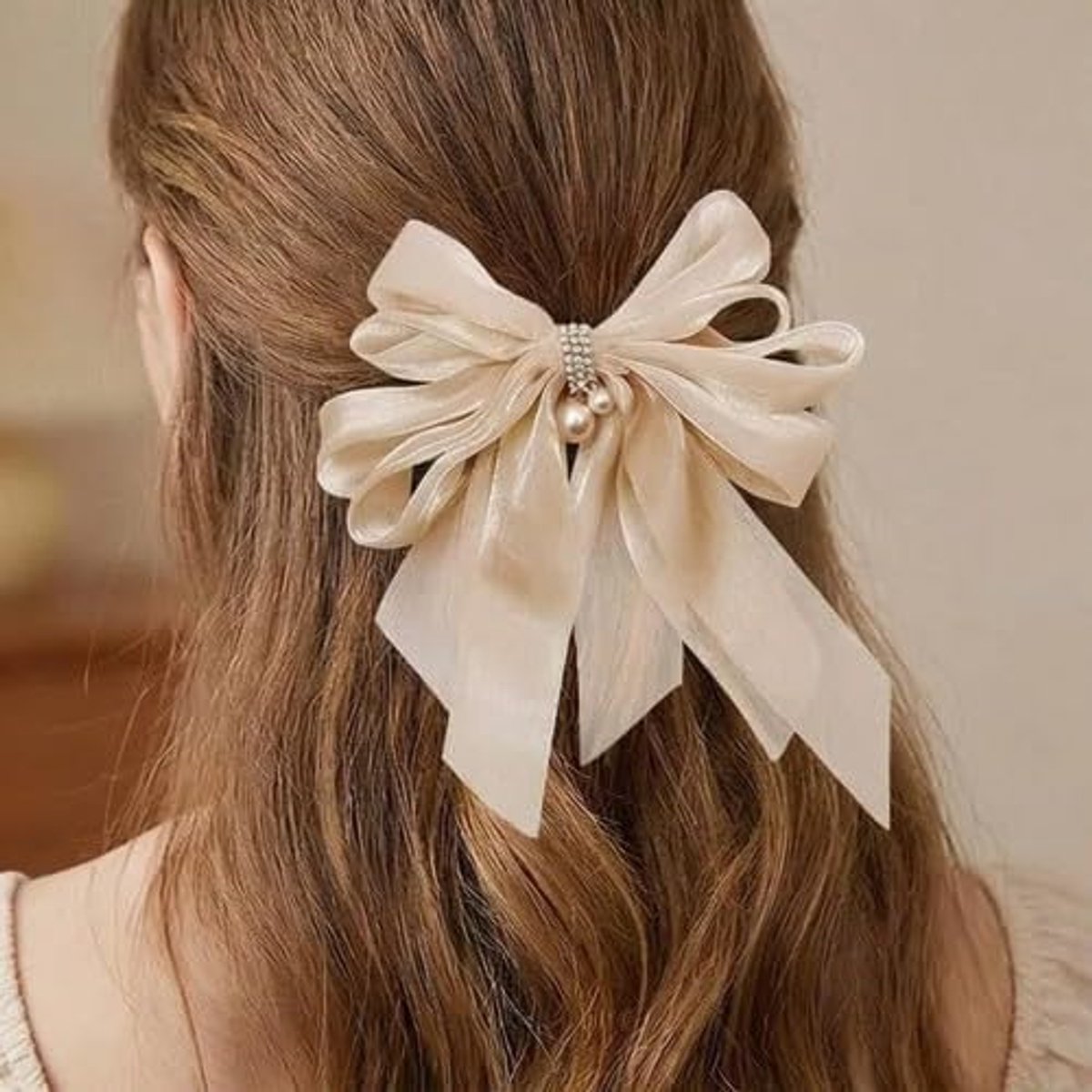 Haarclip extra grote strik - organza champagnekleur - elegant met waaiende banden - perfect voor elke gelegenheid - ShopVlot