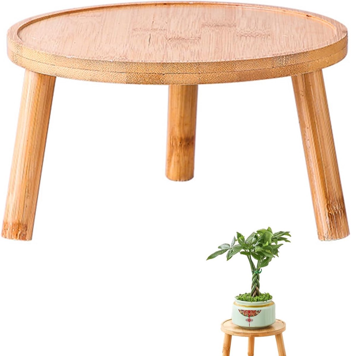 SnelShoppen - Houten Plantentafeltje - Rond Houten Krukje voor Bloempot - Plantstandaard voor Binnen en Buiten - 16x10 cm - Natuurlijke Decoratie voor