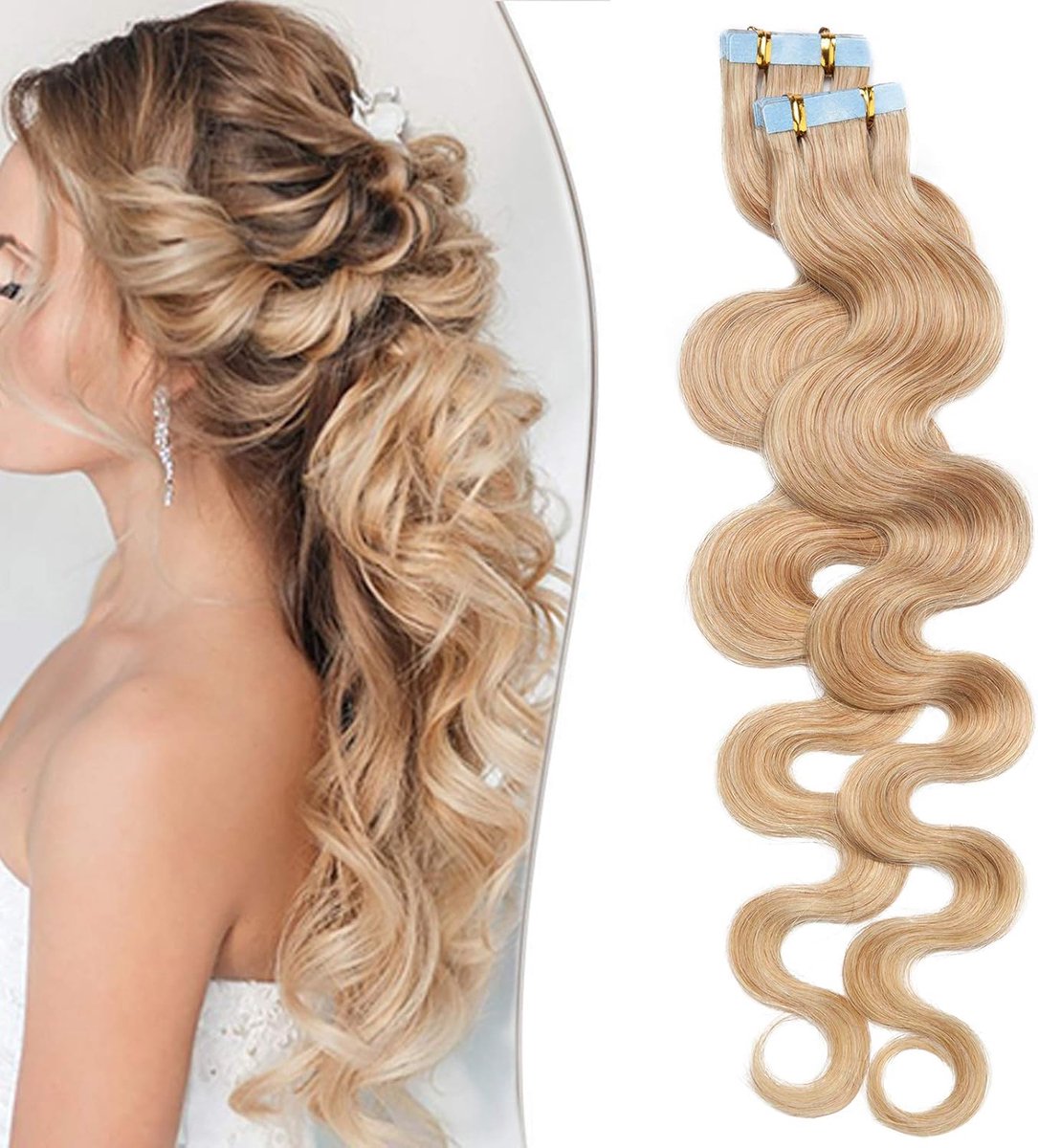 SnelShoppen - SEGO Tape Extensions Mensenhaar Golvend 35cm Plak Haarverlenging 20 Stuks 40G met 10 Stuks Dubbelzijdige Vervangende Plakband 100% Remy