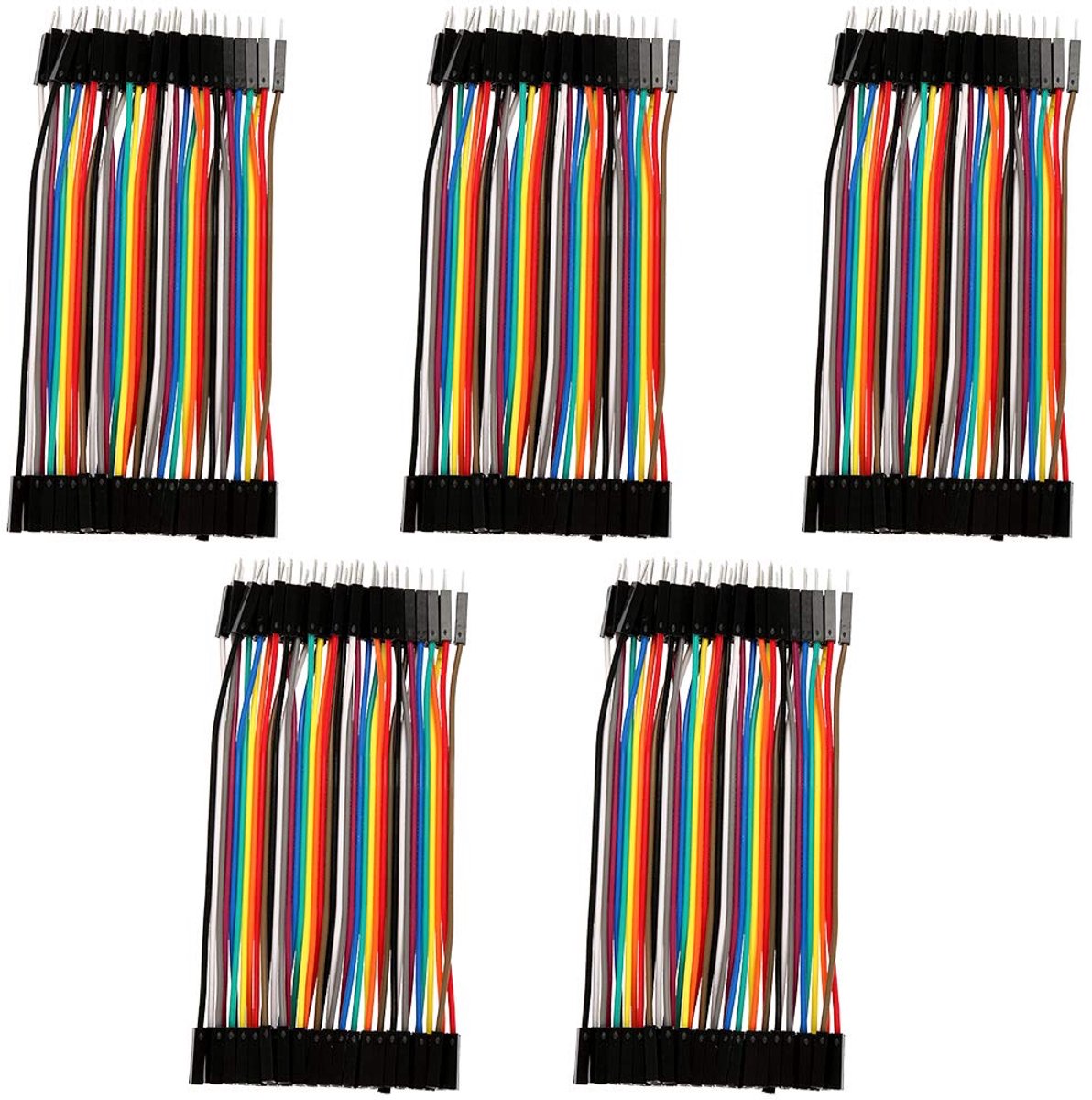 SnelShoppen - 5-delige kleurrijke jumper wires set 10cm - hoogwaardig koperen kabels voor verbindingen, 40-pin female male flatband kabels, ideaal voo