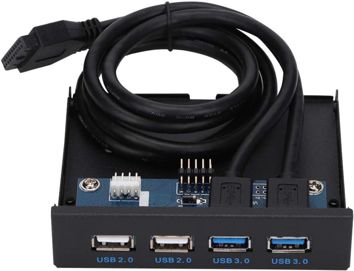 SnelShoppen - USB Hub Uitbreiding 2 Poorten USB3.0 + 2 Poorten USB2.0 3.5 Inch Front Paneel voor Computer, Staal, Hoogwaardige Kabel, Voor PC, Gaming,