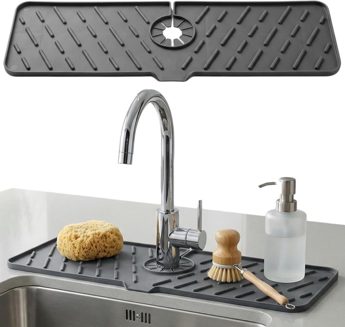 SnelShoppen - Afdruipmat voor Gootsteen 45,8 x 13,9 cm - Flexibele TPE Onderlegger met Afvoergat - Antislip en Op Maat te Snijden - Antraciet Keukenhu