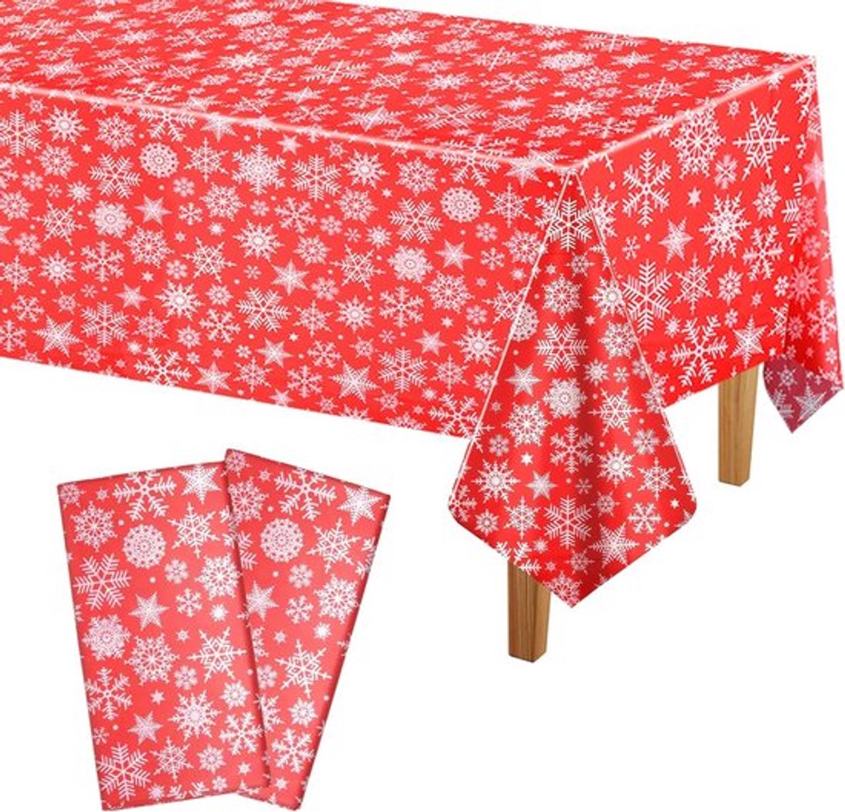 Kersttafelkleed met Sneeuwvlokken - 2 Stuks, Plastic, 137 x 274 cm, Rood, Perfect voor Feestdagen en Winterdecoratie, Tafeldecoratie voor Kerstfeest