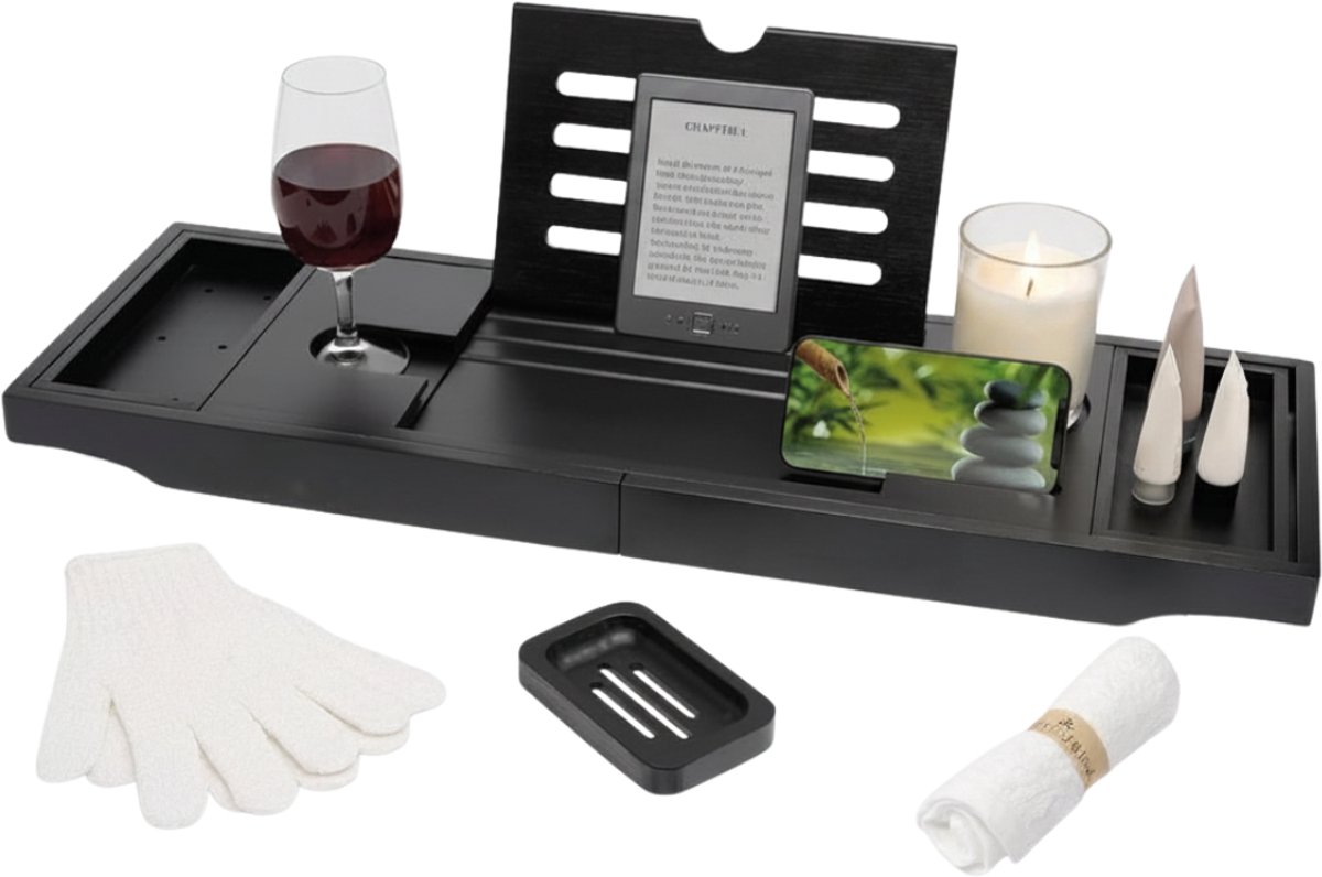 Lìon® Bamboe Badplank - Opvouwbaar Badrek - Badplank voor in Bad - Zwart - 24cm x 70cm x 5cm