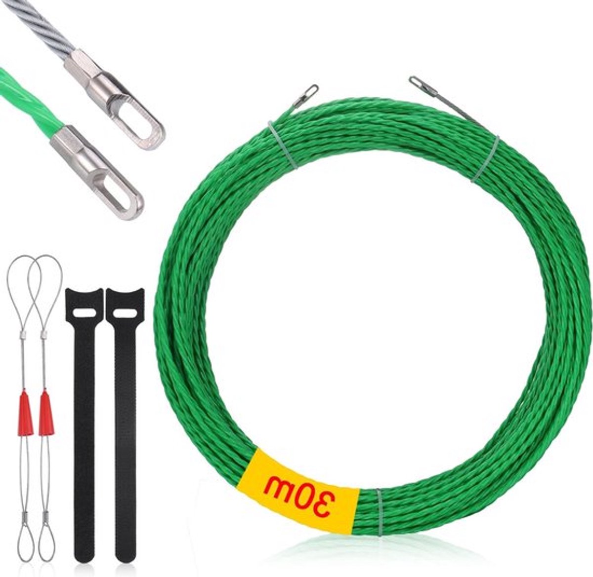 Kabeltrekker voor het doorvoeren van kabels door muren, 30 meter lange trekstangen, 4.5mm elektrische draadtrekker met 2 metalen vergrendelingsdraden en 2 riemen voor communicatiekabels, wand- en vloerdelen