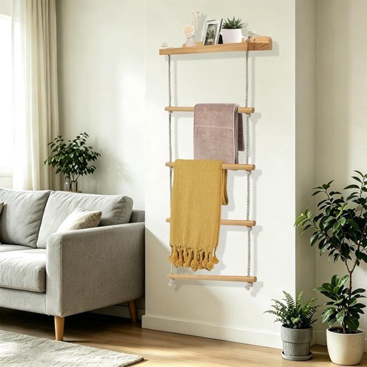 5-laags handdoekenrek, wandmontage, multifunctioneel houten handdoekenrek voor badkamer, opvouwbaar handdoekenhouder voor decoratieve woonkamer en ruimtebesparing