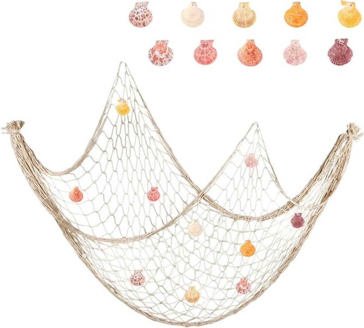Decoratieve Visnetten voor Wanddecoratie - Grote Schelpen en Kleine Accessoires voor Strandthema's, Nautische Stijl en Fotowanden