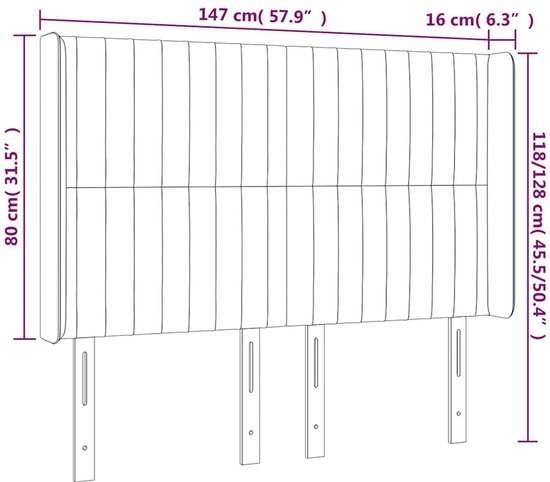 Dimensions d'une tête de lit en velours gris foncé avec plis verticaux.