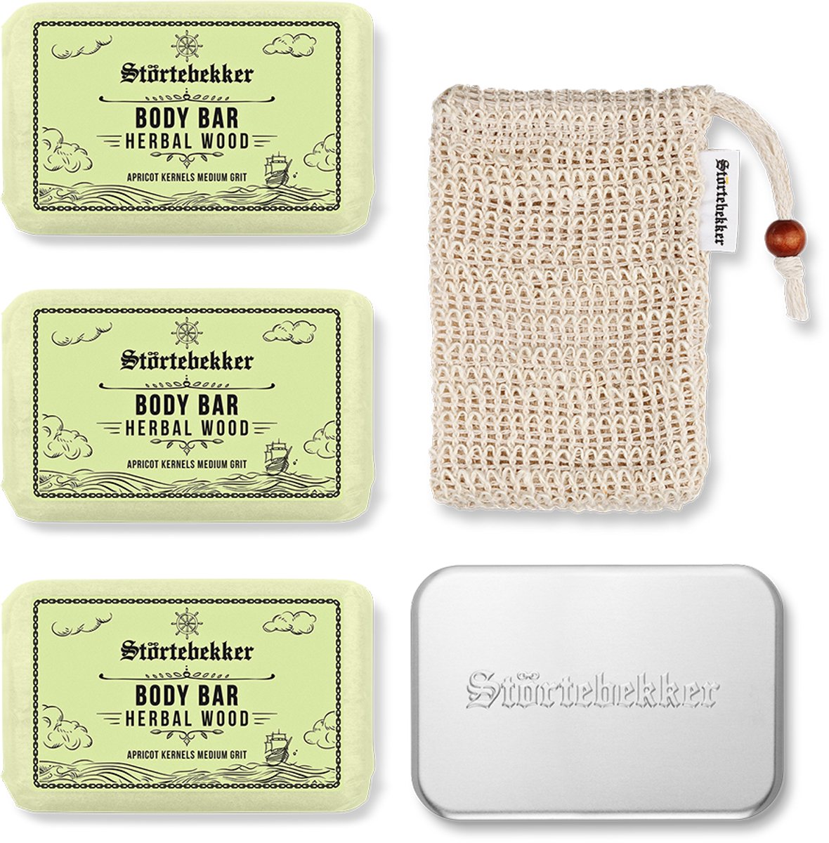 Störtebekker® Premium Douche Set Body Herbal Wood - Shower Set Heren met Peeling-Effect & Houtig-Kruidige Geur - Vaste Douchezeep (3x 120g), Sisal Washandje & Zeepdoos - Vegan met Sheaboter - Handgemaakt in Nederland - Plasticvrij