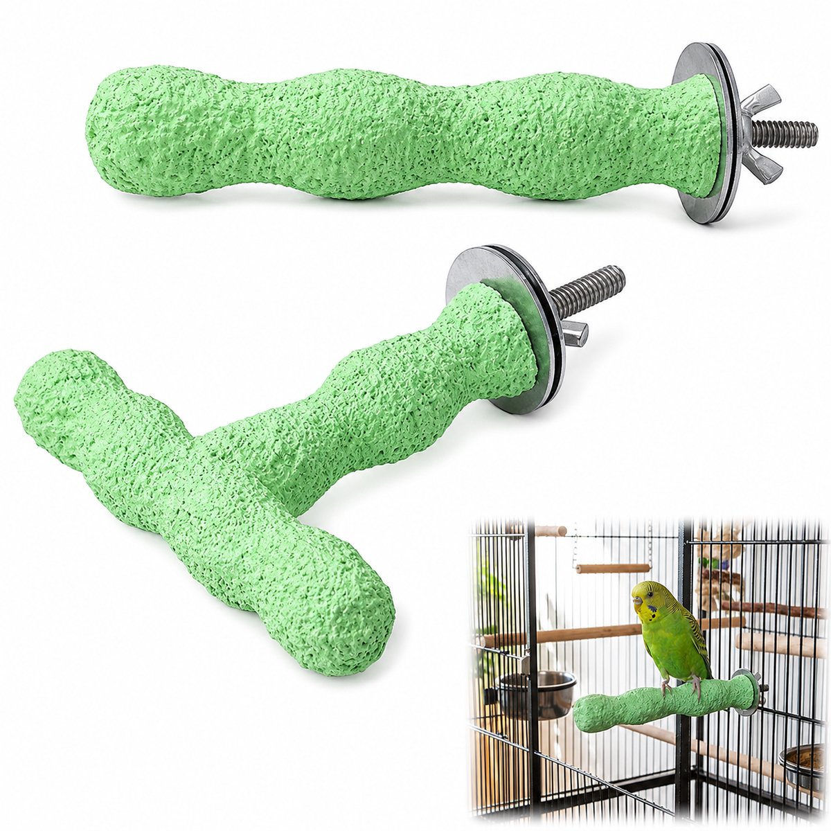 Bobypet - Vogelzitstok - 2 Stuks Vogel Slijpzitstokken Van Hars - Metalen Bevestiging - Anti-Slip Snavel - Voor Parkiet, Valkparkiet, Agapornis En Kleine Papegaaien