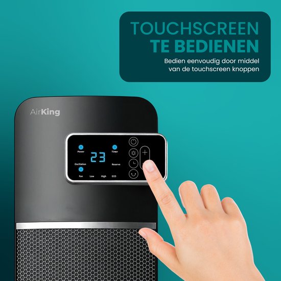 Vinger drukt op + knop op touchscreen display van zwarte AirKing kachel.