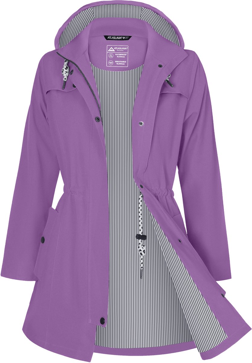 ATLASLAVA Regenjas Dames Lang Waterdicht Ademend Regenmantel Overgangsjas Capuchon Outdoor Jas,Maat XL,Lila