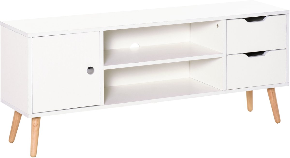 TV-kast-tv-bank - kast met 2 nissen - 2 laden - doorvoertule - spaanplaat - wit - grenen hout