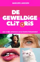 Boekomslag 'De geweldige clitoris' door Marleen Janssen met collage van lachende vrouw, oog, lippen en een witte kat.