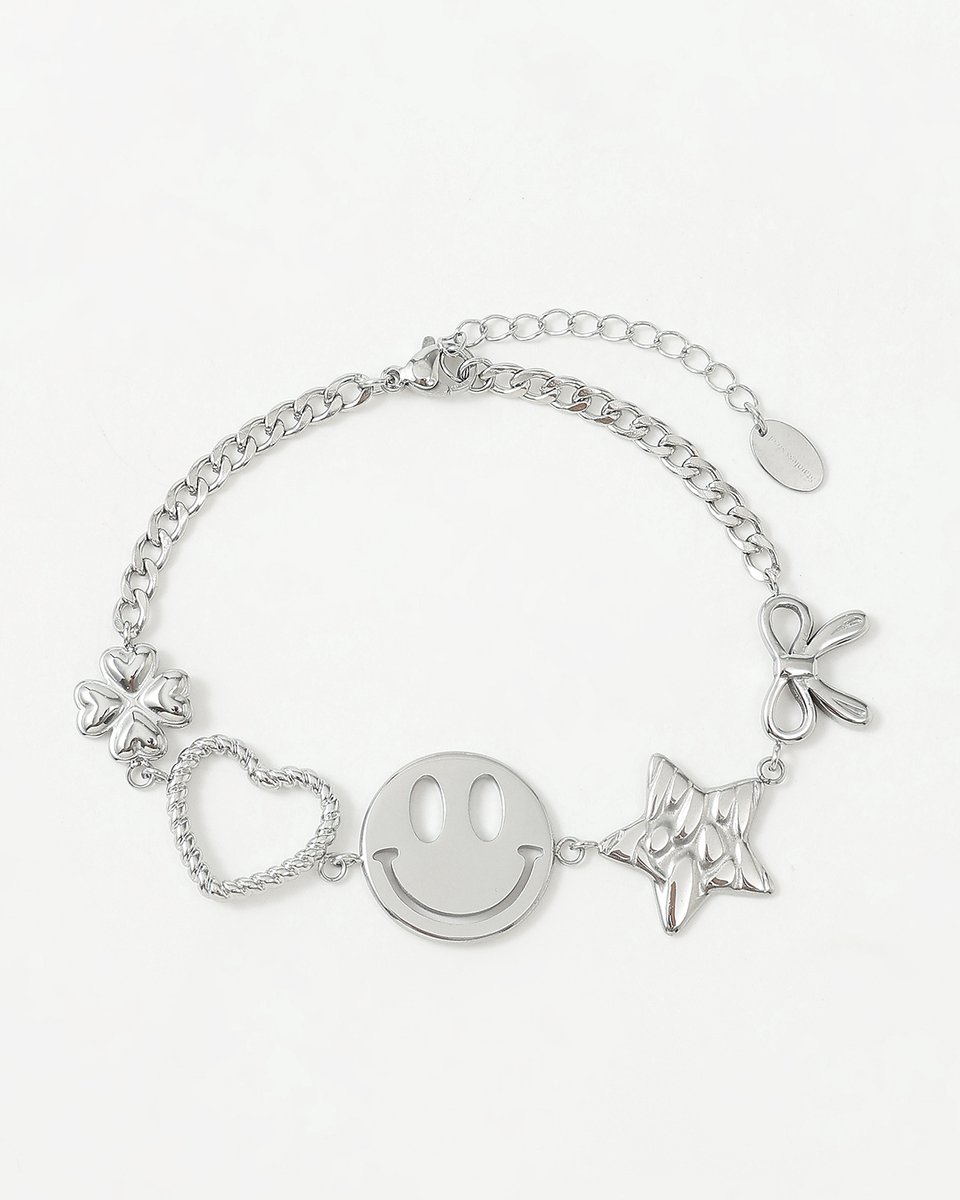 Nouka Dames Armband - Stainless Steel - Zilver Gekleurde Schakelarmband - Met Bedels - Smiley - Ster - Hart - Cadeau voor Vrouwen - Cadeau Voor Moeder