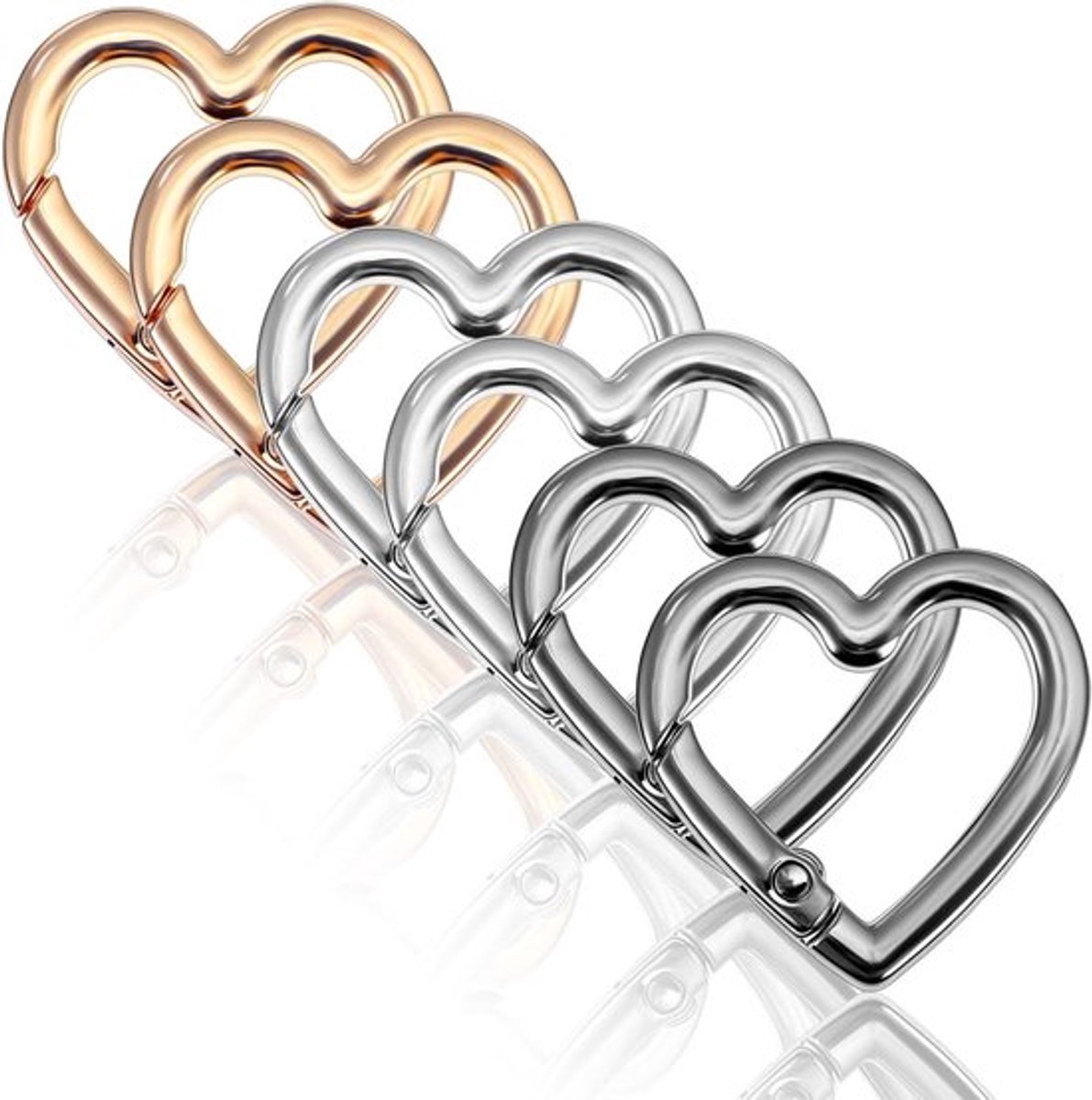 Set van 6 Hartvormige Carabiner Haken Sleutelhangers - Kleine Aluminium Clips voor Camping, Vissen en Wandelen