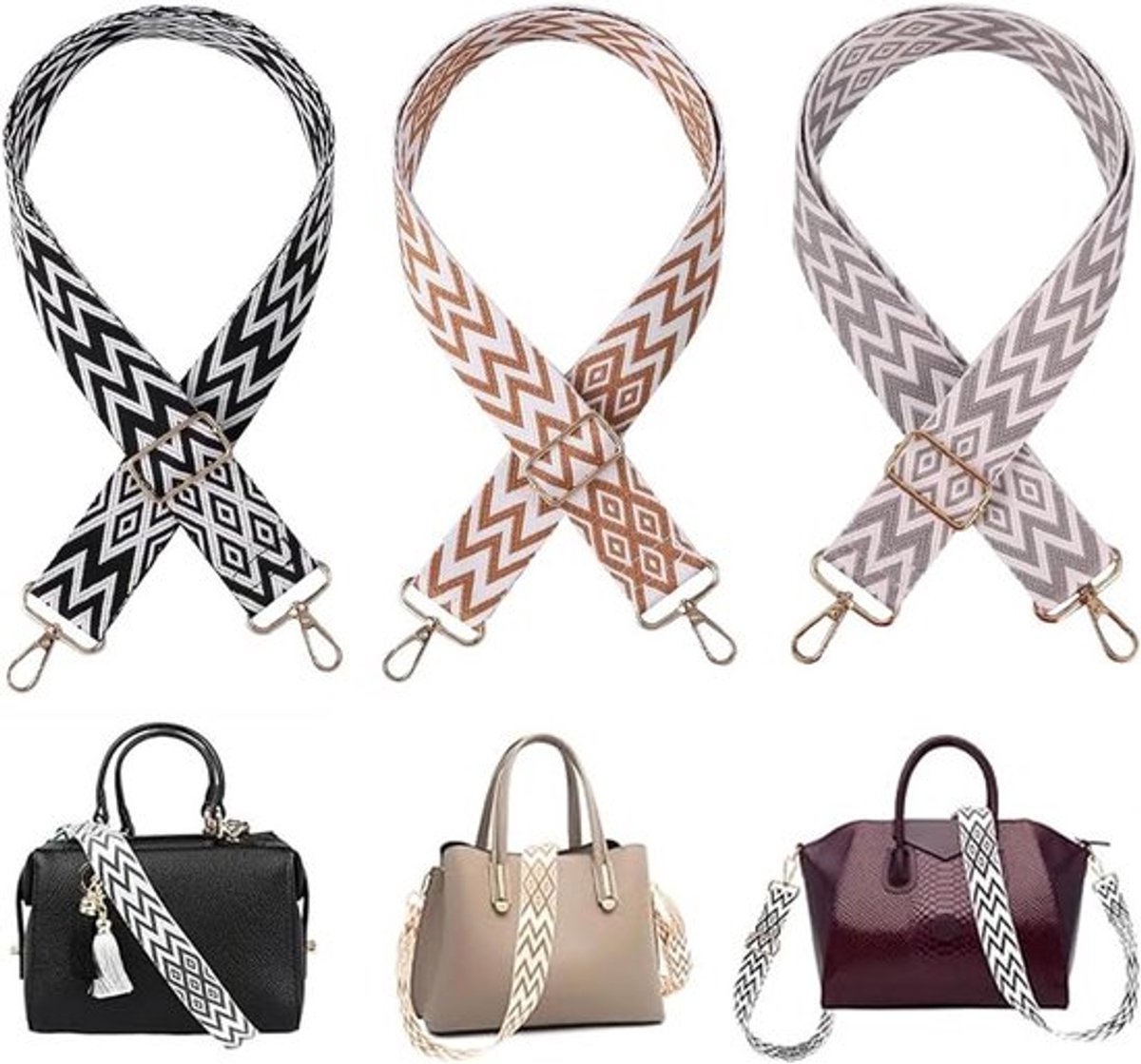 Verstelbare Schouderbanden voor Tassen - Set van 3, 3.8 cm Breed, Met Karabijnhaak en Gestreept Patroon voor DIY Accessoires en Tassenontwerp
