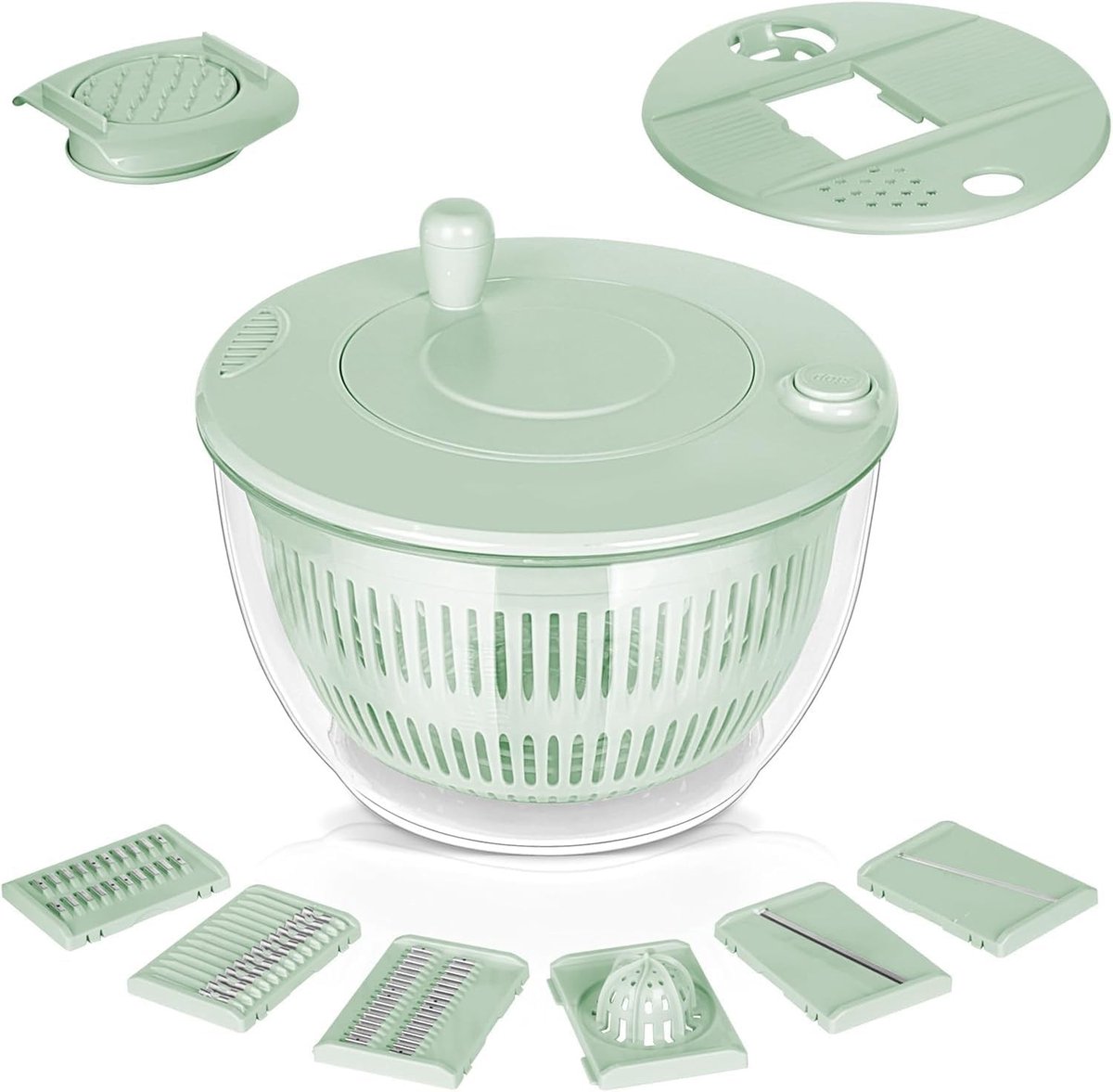 Slacentrifuge met Groentesnijder - Transparant + Groen - 23,5 x 14 cm - 4,5 Liter met Vaatwasmachinebestendige Onderdelen - Voor Groenten en Fruit