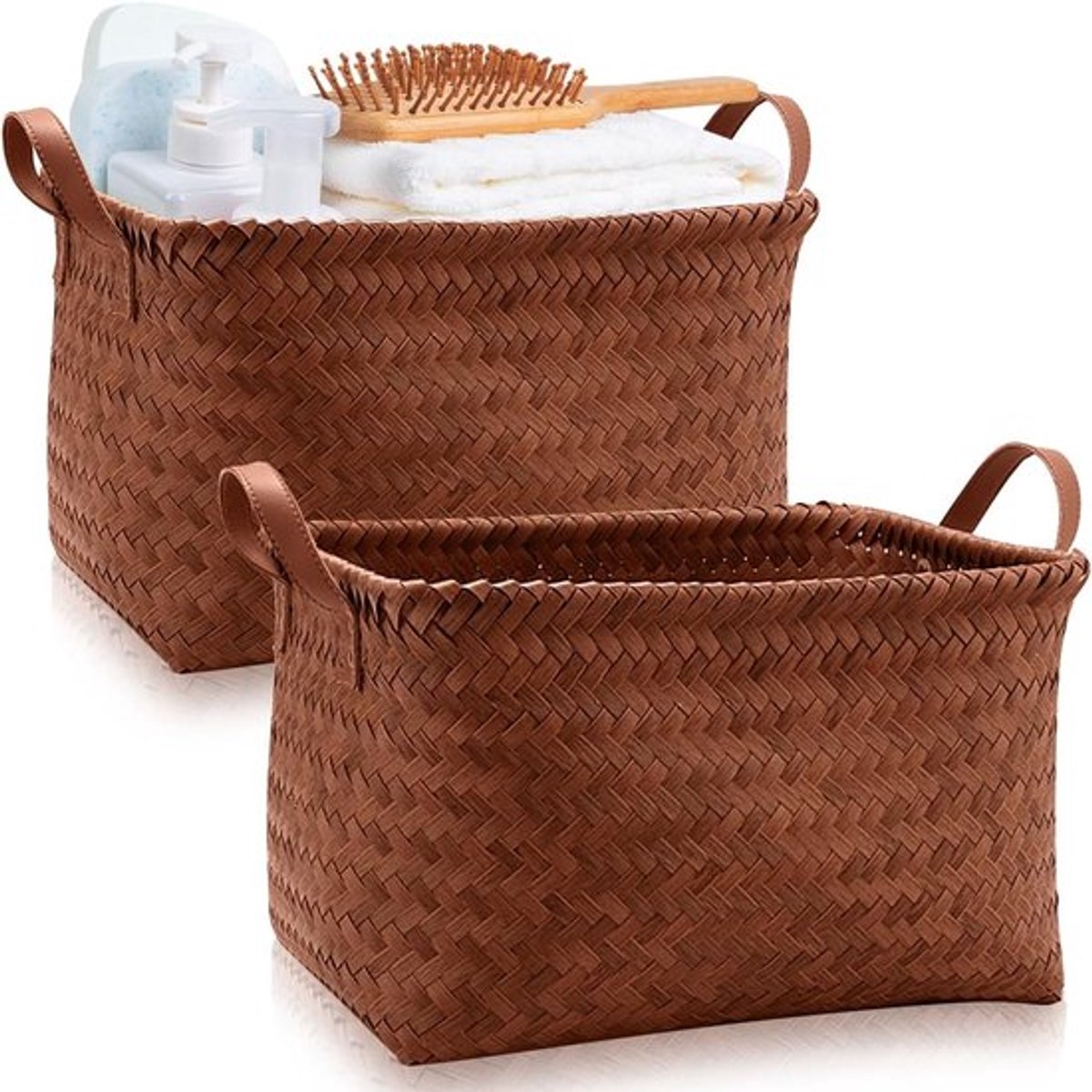 Grote Wicker Opbergmanden met Handvatten - Geweven Rieten Mand voor Planken, Seagrass Organizer voor Thuis en Kantoor