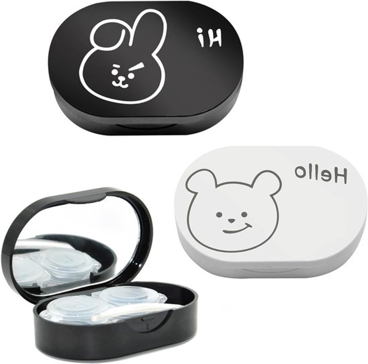 Draagbare contactlenshouder met spiegel, 2 stuks, schattige cartoonprint voor reizen, perfect voor volwassenen en kinderen