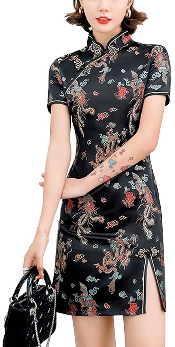 Solidchoice - Vintage Cheongsam Kostuum met Bloemenprint en Zijsplit