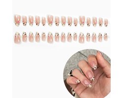 30 stuks lichtwitte French Press nagels medium amandelvormige nepnagels met kattenprint- nude kunstnagels met luipaarddesign- acryl nageltips voor de herfst en winter- volledig dekkende glanzende lijmnagels voor vrouwen en meisjes (XS)