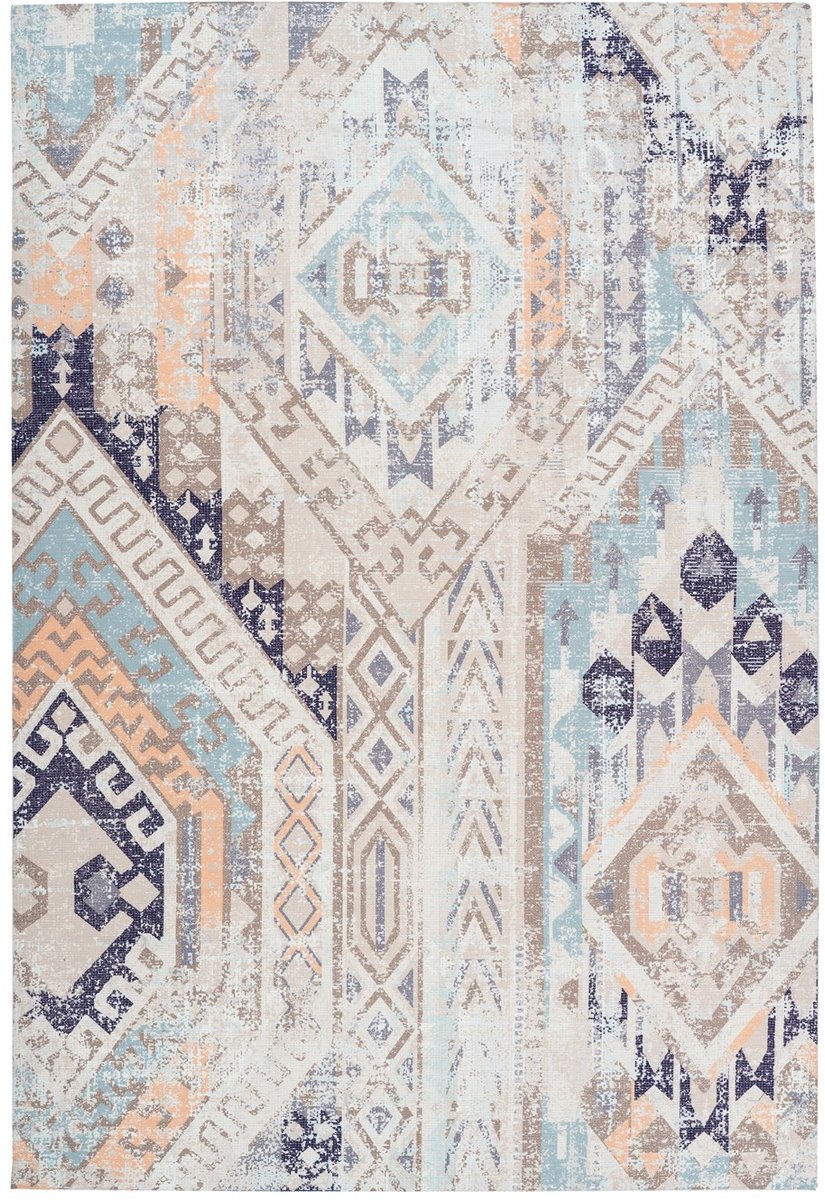 Padiro laagpolig vloerkleed 160 x 230 cm - meerkleurig en blauw - boho abstract design - geschikt voor vloerverwarming - van katoen en polyester