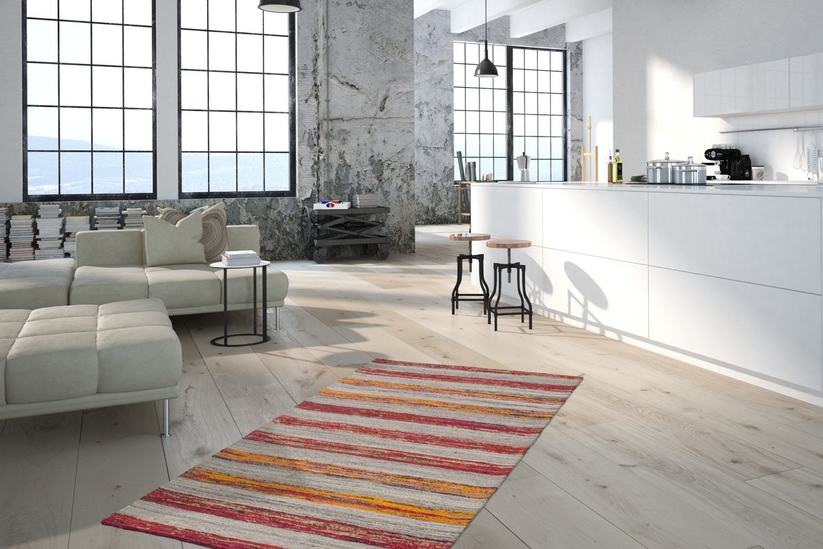 Padiro laagpolig vloerkleed 160 x 230 cm - naturel / rood - modern streeppatroon - geschikt voor vloerverwarming - van wol en katoen en zijde