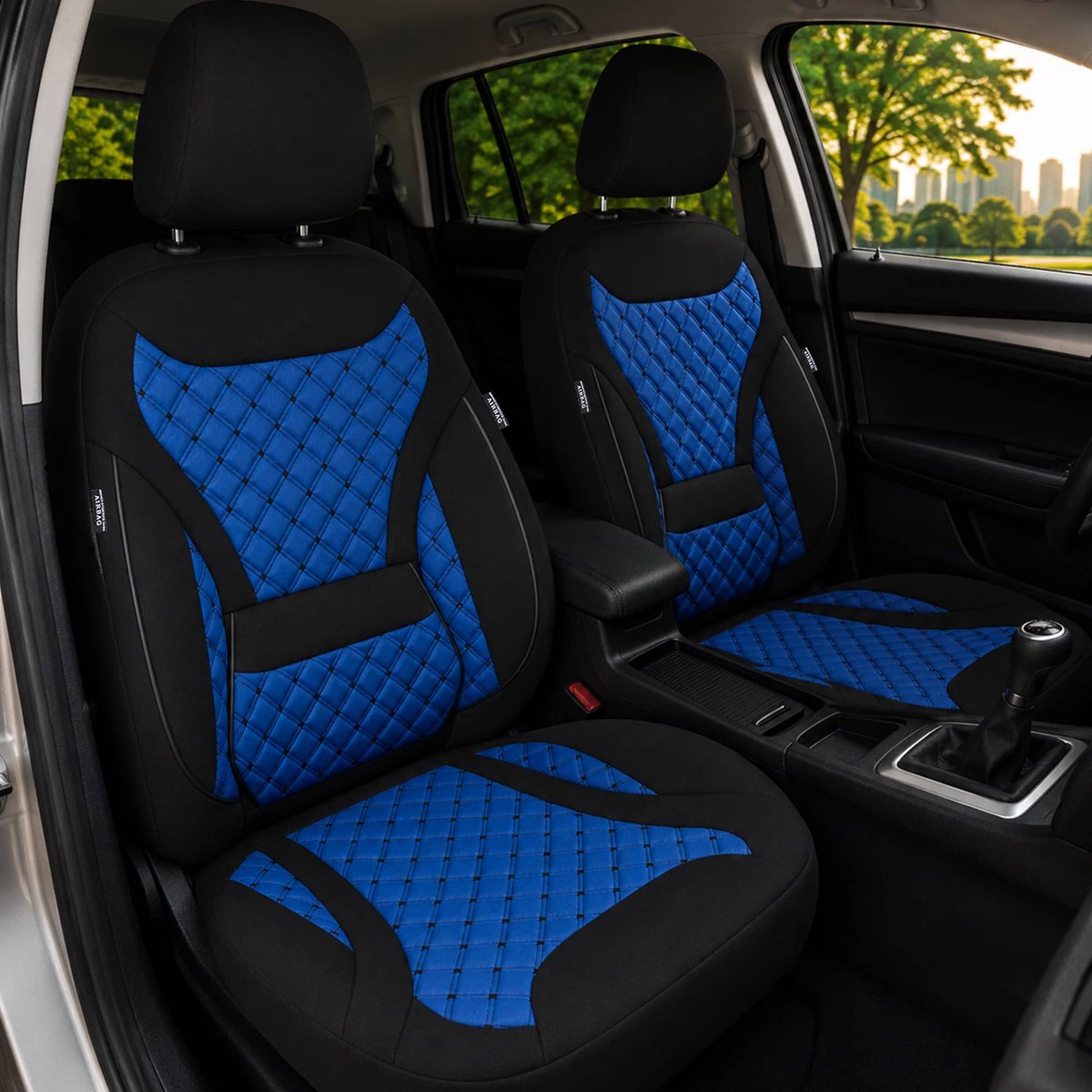 Autostoelhoezen voor Nissan NV200 Evelia BJ 2010-19 – Stoelhoezen voor bestuurder en passagier in Zwart/Blauw