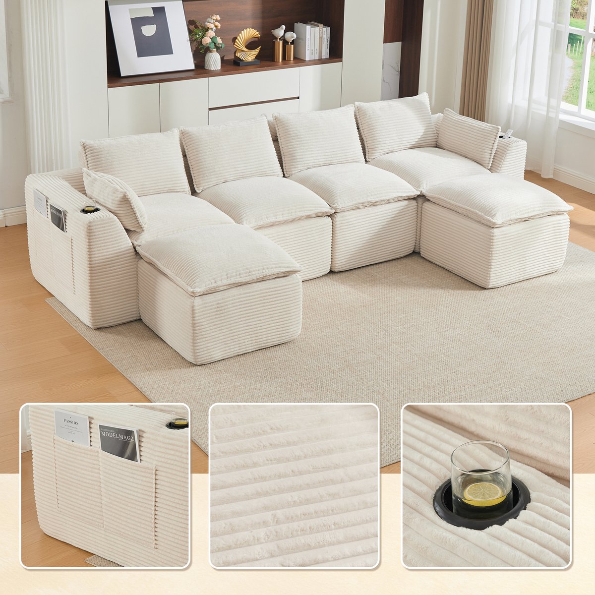 Modulair Corduroy 4-zits Sofa met Opbergvakken - Ideaal voor Ontspanning en Multifunctionee... - 37x30x104 cm, Beige