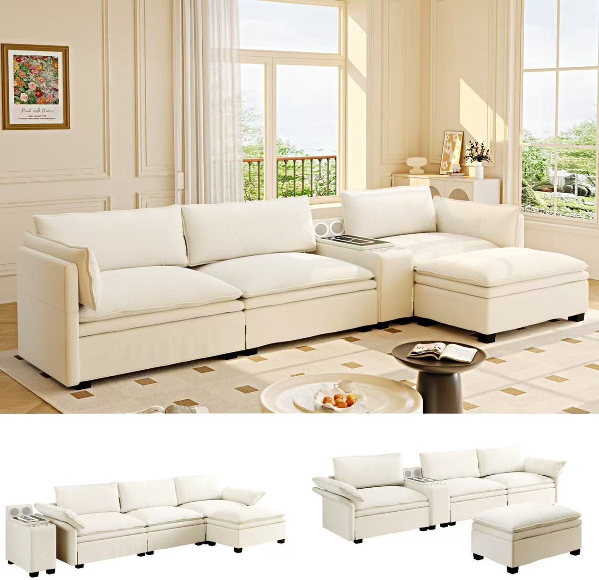 L-Vormige Hoekbank 315 cm - Luxe Chenille Bank Met LED Sfeerverlichting, Bluetooth Audio, USB Draadloos Laden, Opbergfunctie En Verplaatsbare Hocker - Moderne Woonkamer Sofa